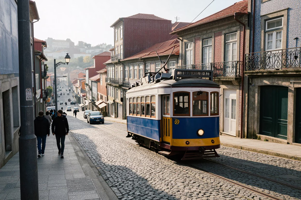 Busy Early Morning Porto Portugal Street Scene with Traditional Tram and Local Market Activity in in Porto, Portugal