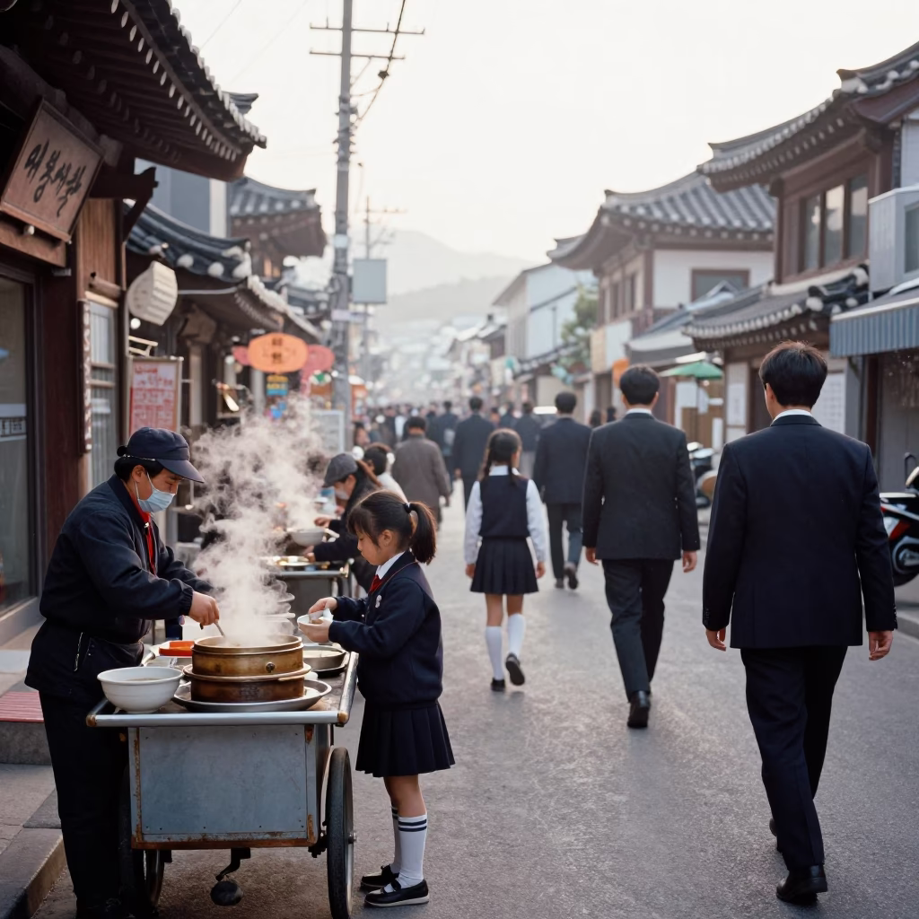 Busy Early Morning Seoul Street Scene with Traditional Korean Breakfast and Steam Haze in in Seoul, South Korea