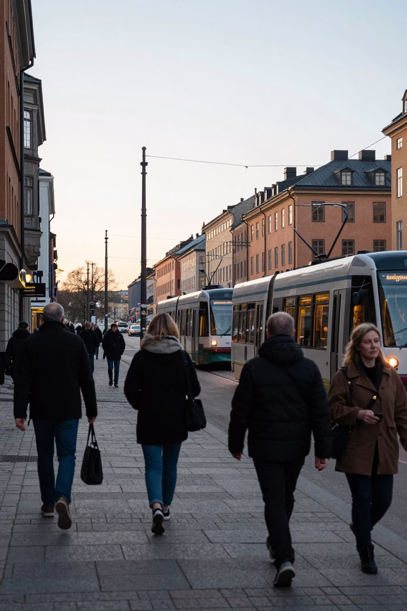 Busy Early Morning Stockholm Street Scene with Tram and Pedestrians Near City Hall in in Stockholm, Sweden