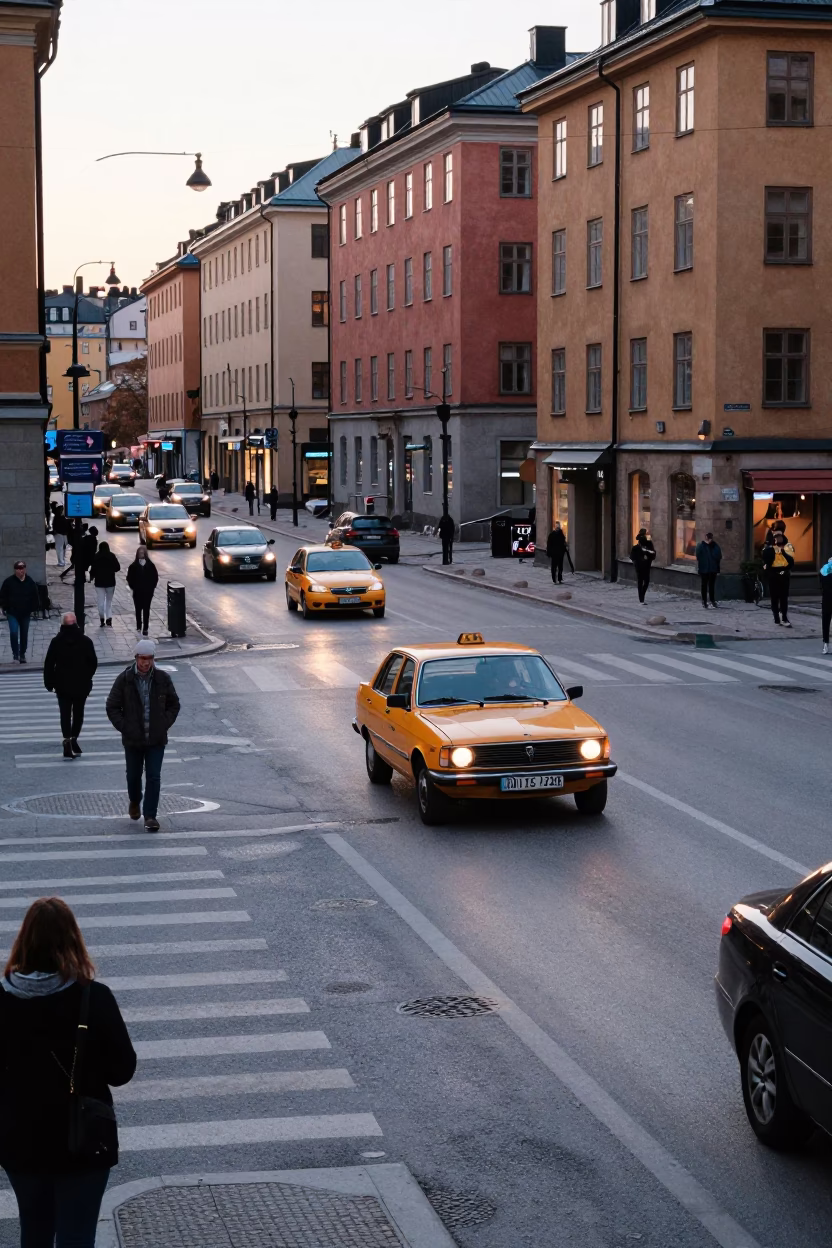 Busy Early Morning Stockholm Street Scene with Vintage 1970s Elements and Local Commerce in in Stockholm, Sweden