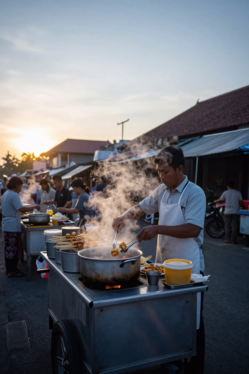 Busy Early Morning Street Food Stall in Denpasar Indonesia Before Sunrise in in Denpasar, Indonesia