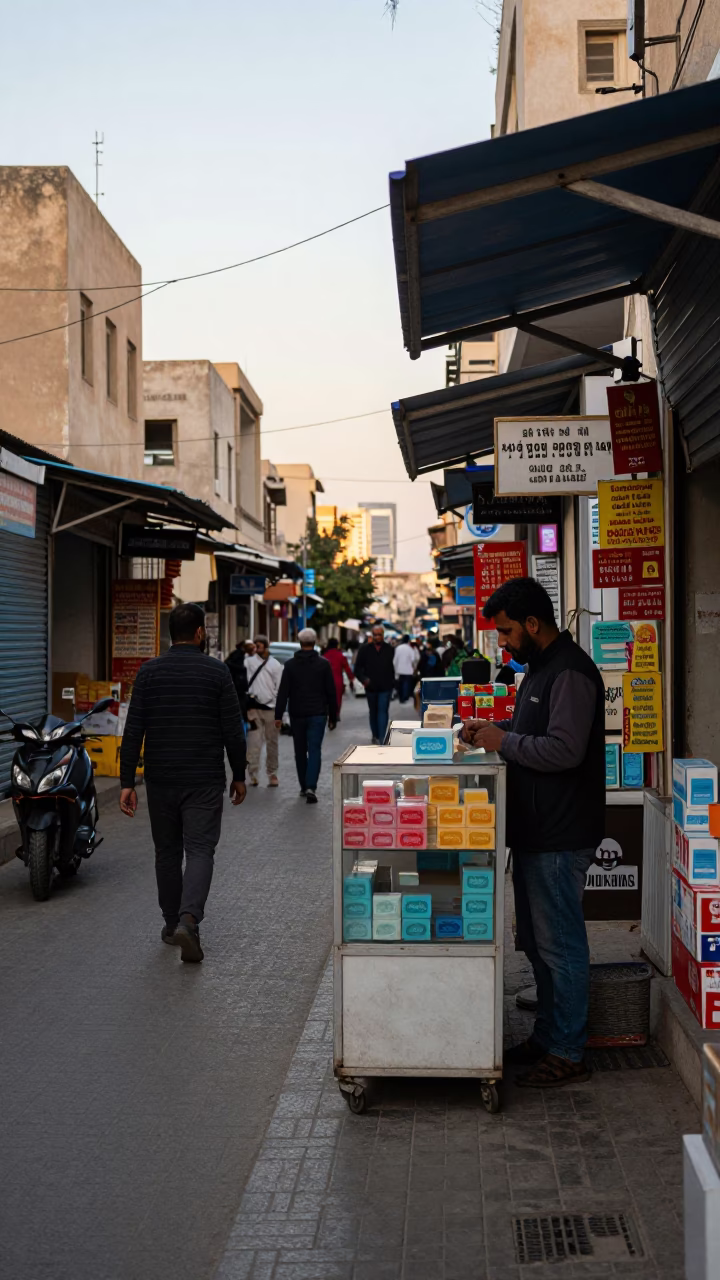Busy Early Morning Street Scene in Alexandria Egypt with Local Commerce and Daily Life in in Alexandria, Egypt