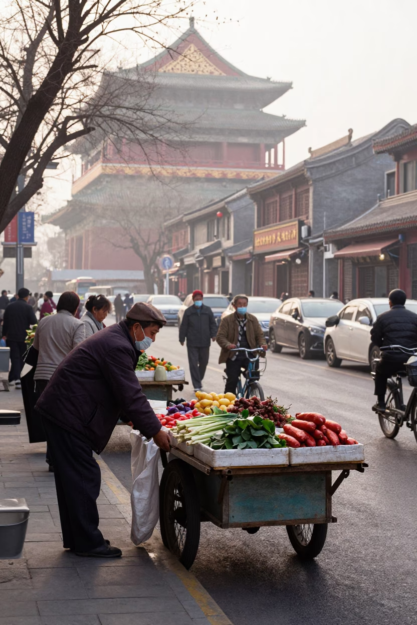 Busy Early Morning Street Scene in Beijing China with Local Vendors and Commuters in in Beijing, China