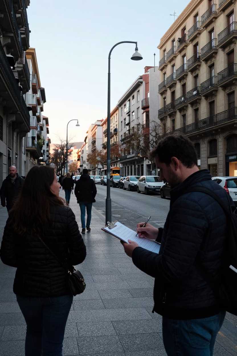 Busy Early Morning Street Scene in Bilbao Spain with Clipboard and Local Interaction in in Bilbao, Spain