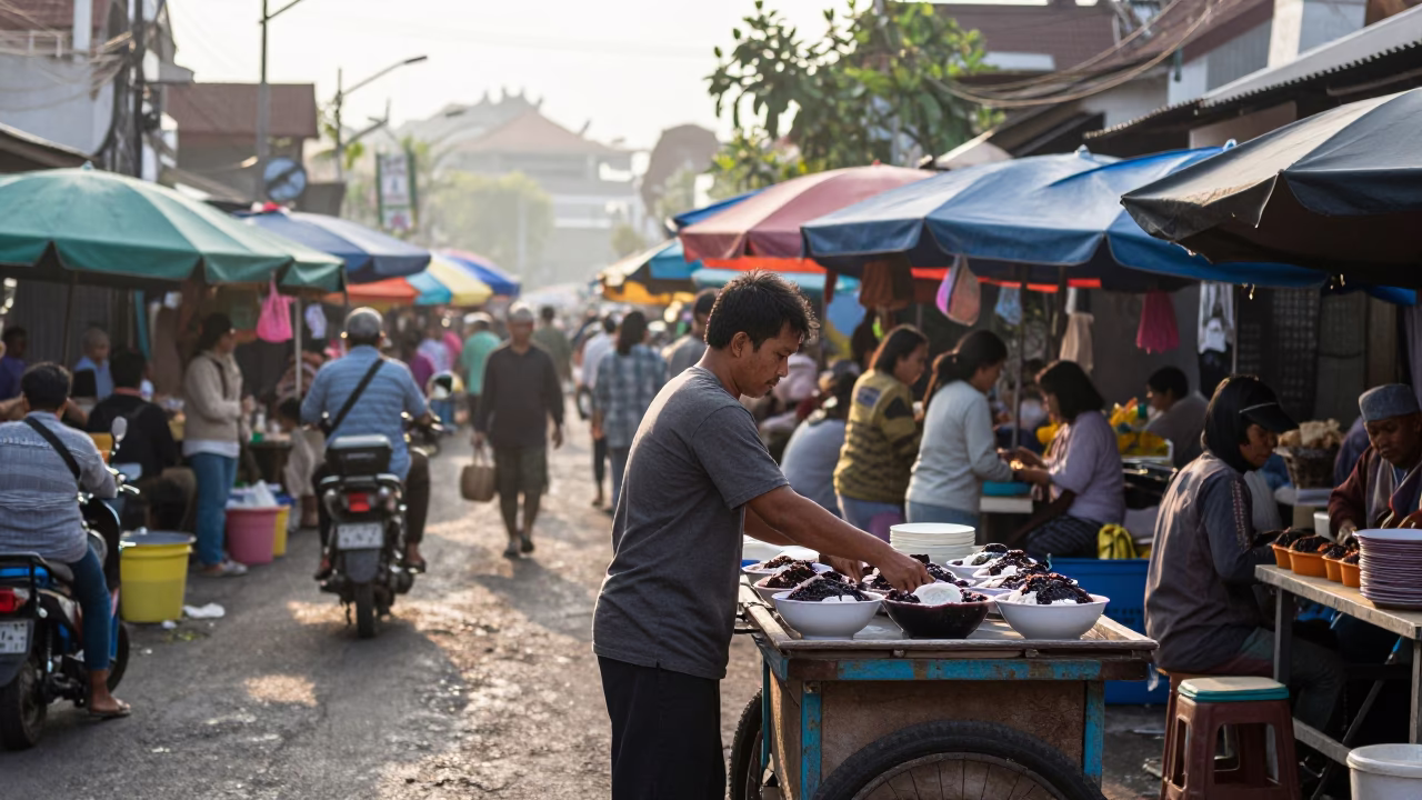 Busy Early Morning Street Scene in Denpasar Indonesia with Local Market Activity in in Denpasar, Indonesia