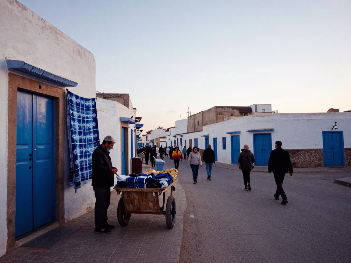 Busy Early Morning Street Scene in Essaouira Morocco with Blue Doors and Local Activity in in Essaouira, Morocco