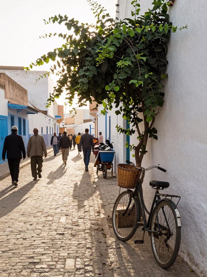 Busy Early Morning Street Scene in Essaouira Morocco with Vine and Bicycle Basket in in Essaouira, Morocco