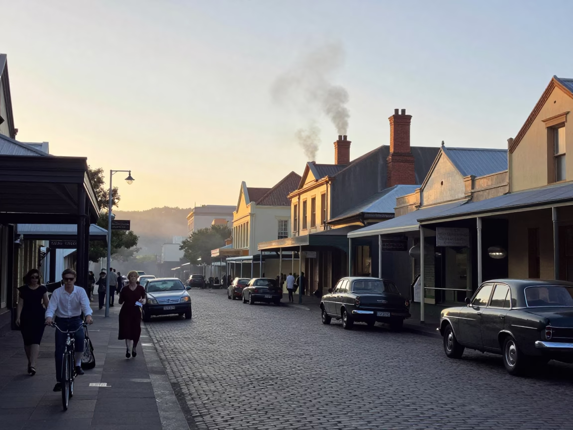 Busy Early Morning Street Scene in Hobart Tasmania Australia 1950s Era in in Hobart, Tasmania, Australia