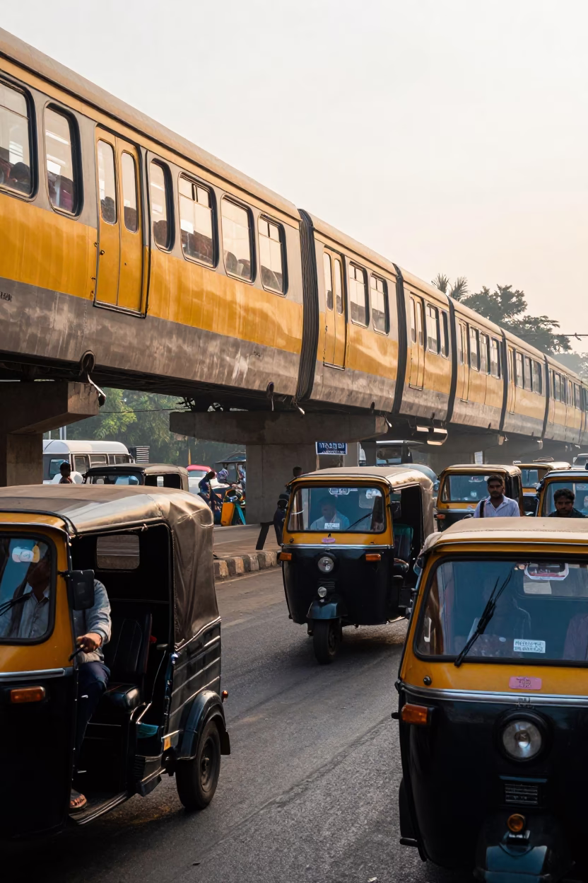 Busy Early Morning Street Scene in Hyderabad India with Monorail Reflection in in Hyderabad, India