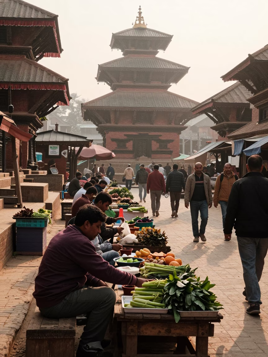 Busy Early Morning Street Scene in Kathmandu Nepal with Local Market Activity in in Kathmandu, Nepal