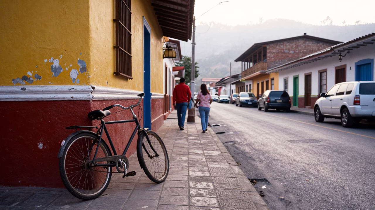 Busy Early Morning Street Scene in Medellin Colombia with Vintage Bicycle and Commuter Activity in in Medellin, Colombia