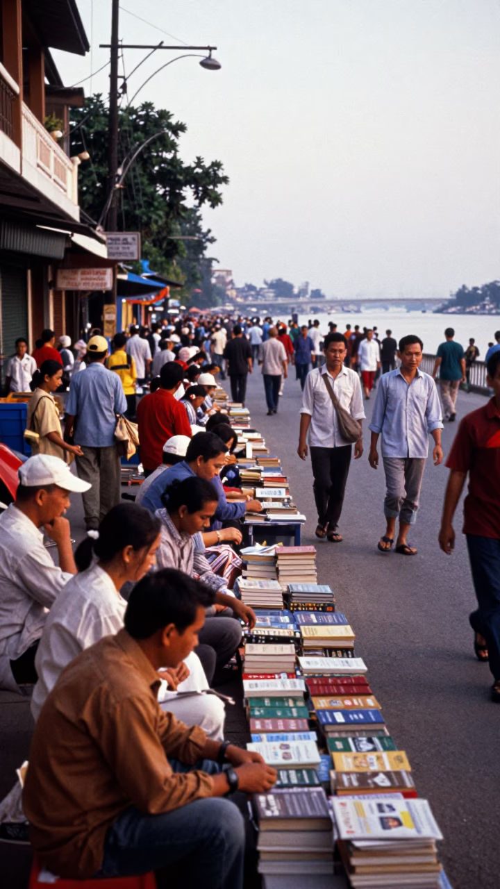 Busy Early Morning Street Scene in Phnom Penh Cambodia with Books and Local Life in in Phnom Penh, Cambodia