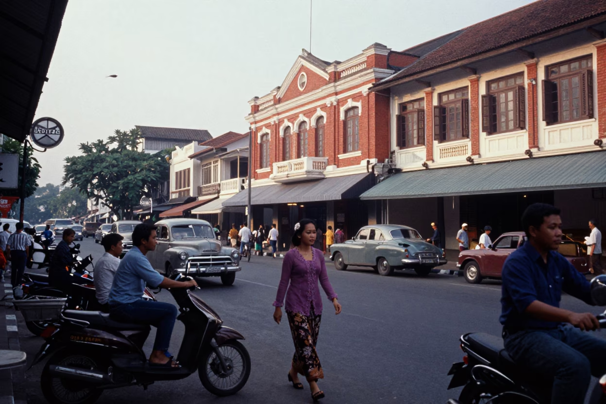 Busy Early Morning Street Scene in Surabaya Indonesia with Vintage 1950s Atmosphere in in Surabaya, Indonesia