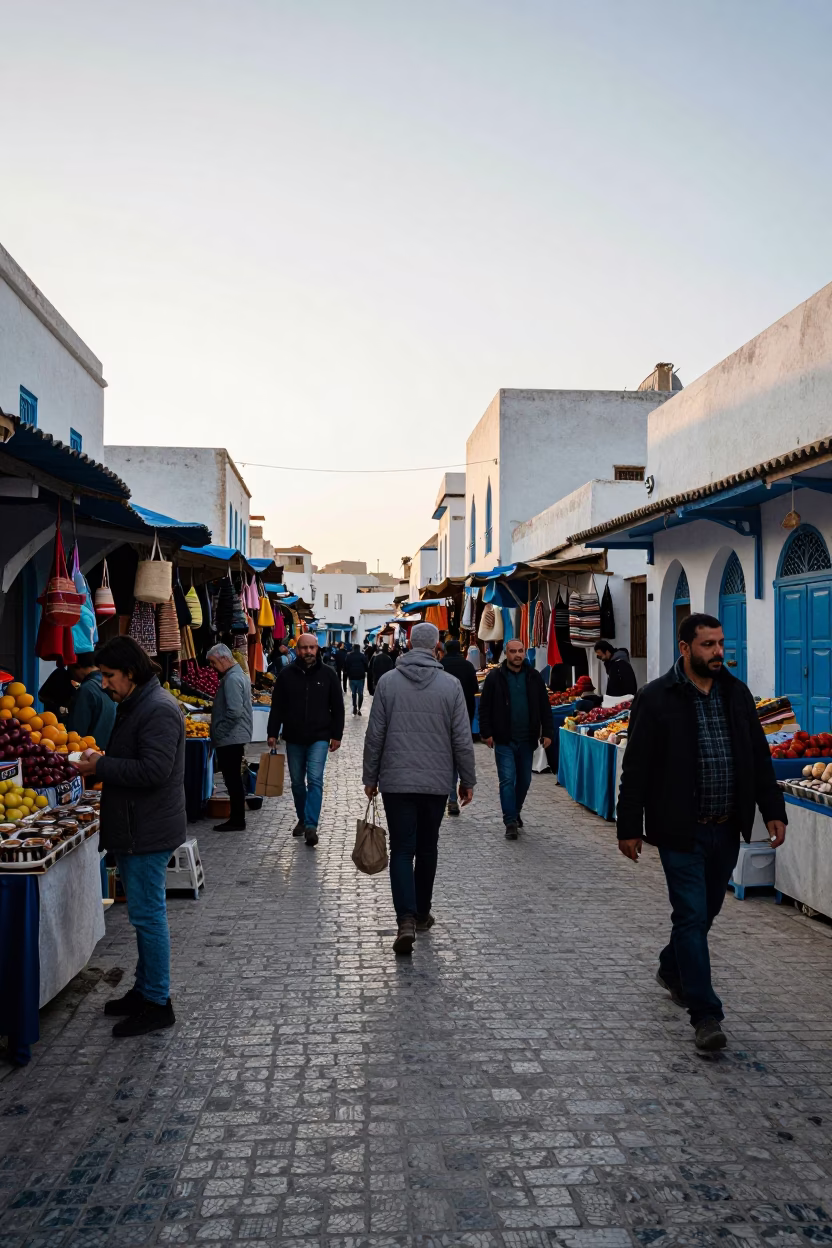 Busy Early Morning Street Scene in Tunis Tunisia with Local Market Activity in in Tunis, Tunisia