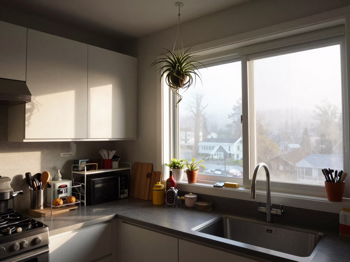 Busy Early Morning Vancouver Kitchen with Hanging Air Plant and Chess Clock in in Vancouver, British Columbia, Canada