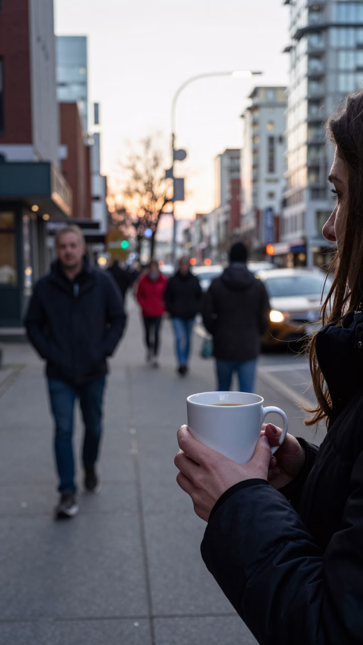 Busy Early Morning Vancouver Street Scene with Coffee Mug and Urban Life in in Vancouver, British Columbia, Canada