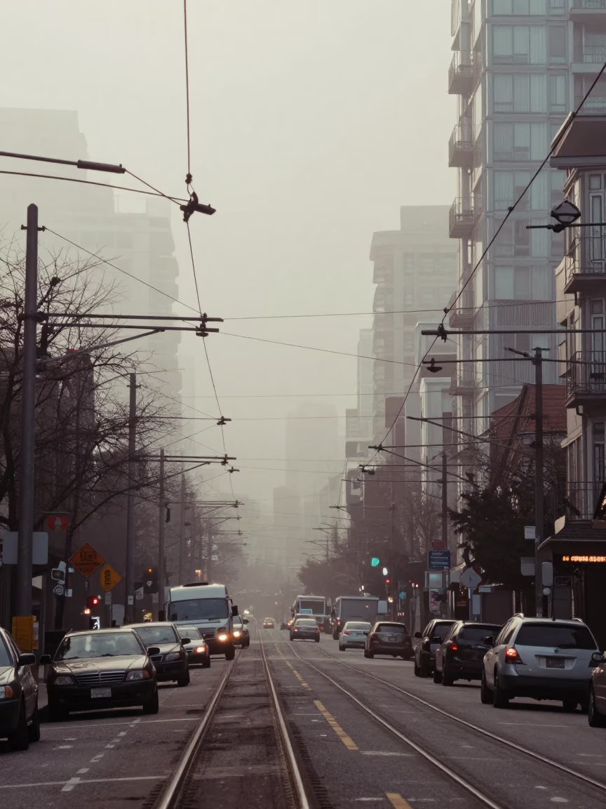 Busy Early Morning Vancouver Street Scene with Industrial Fog and Catenary Wires in in Vancouver, British Columbia, Canada
