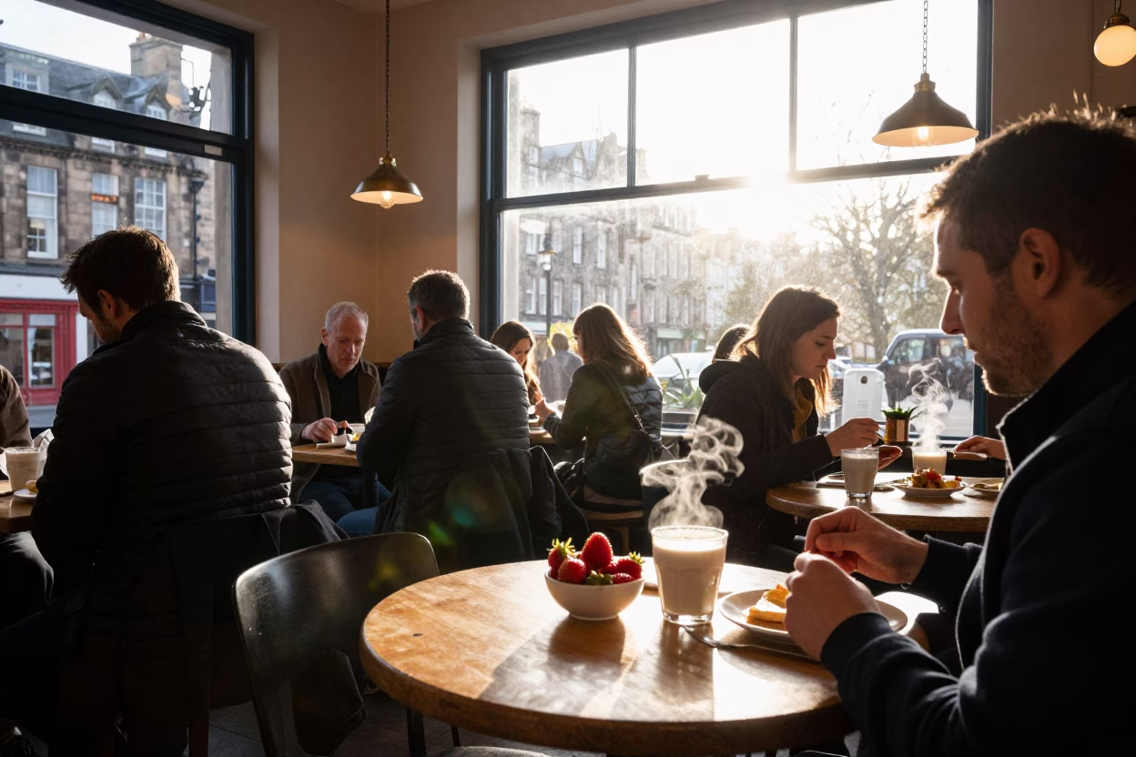 Busy Edinburgh Breakfast Cafe Morning with Fresh Strawberries and Peg Rail Coat Hooks in in Edinburgh, United Kingdom