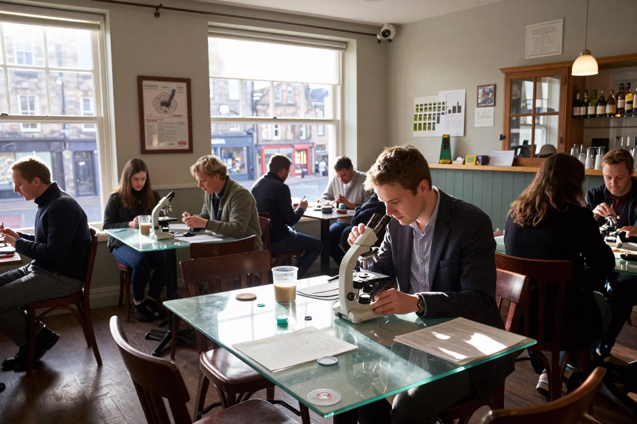 Busy Edinburgh Cafe Interior Late Morning with Teacher and Microscopes in in Edinburgh, United Kingdom