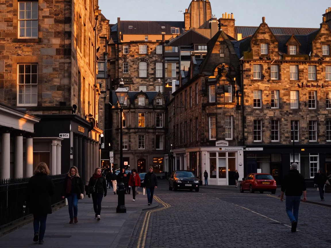 Busy Edinburgh Evening Street Scene with Victorian Architecture and Local Pedestrians in in Edinburgh, United Kingdom