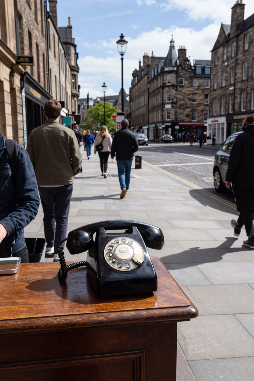 Busy Edinburgh Midday Street Scene with Vintage Bakelite Telephone and Local Pedestrians in in Edinburgh, United Kingdom