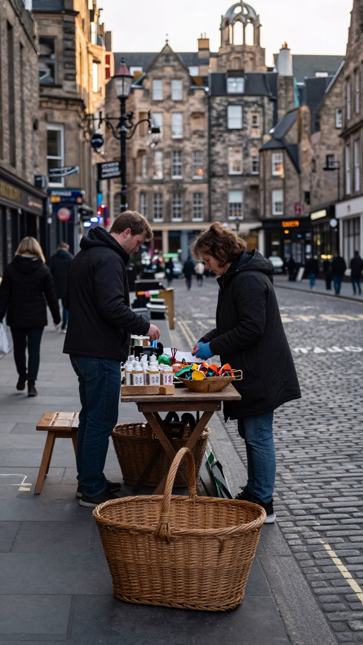 Busy Edinburgh Morning Street Scene with Vintage Basket and Magazine Rack in Scotland in in Edinburgh, United Kingdom