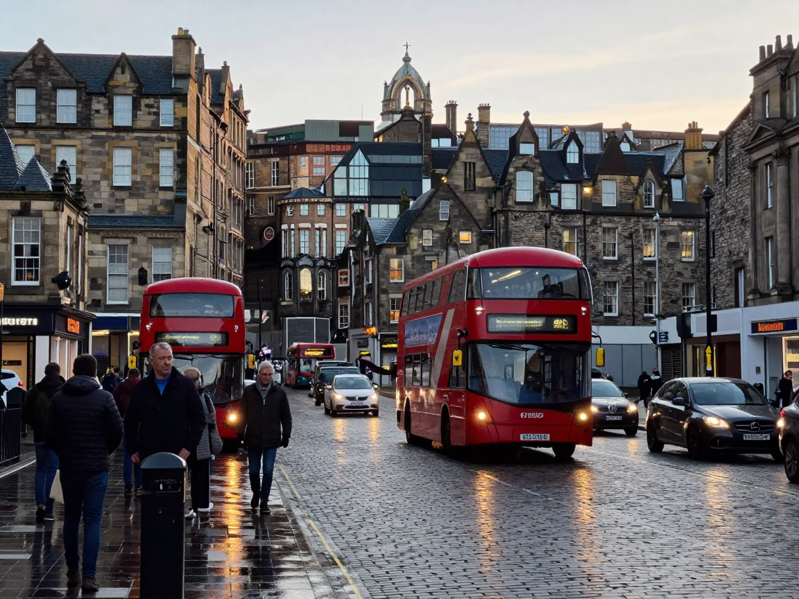 Busy Edinburgh Morning Street Scene with Vintage Cars and Pedestrians in Early Light in in Edinburgh, United Kingdom