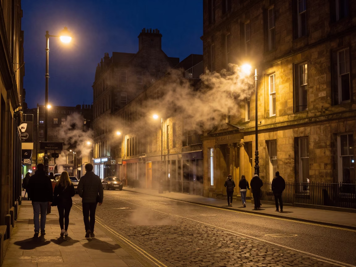 Busy Edinburgh Night Street Scene with Steam Haze and Vintage Urban Life in in Edinburgh, United Kingdom