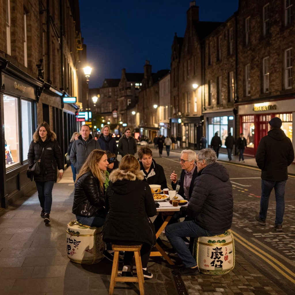 Busy Edinburgh Night Street Scene with Traditional Sake Barrel and Local Interaction in in Edinburgh, United Kingdom