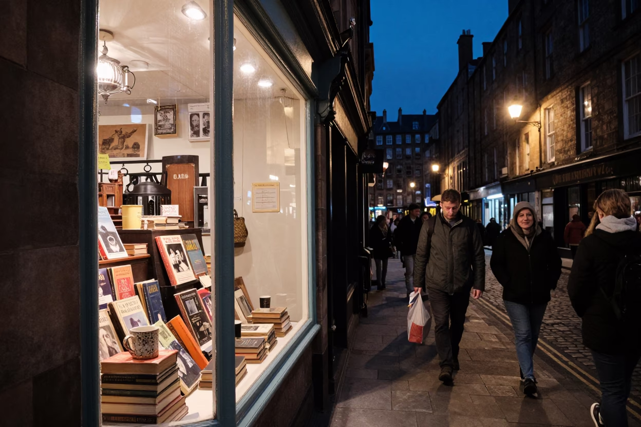 Busy Edinburgh Night Street Scene with Vintage Shop Window Display and Reflections in in Edinburgh, United Kingdom