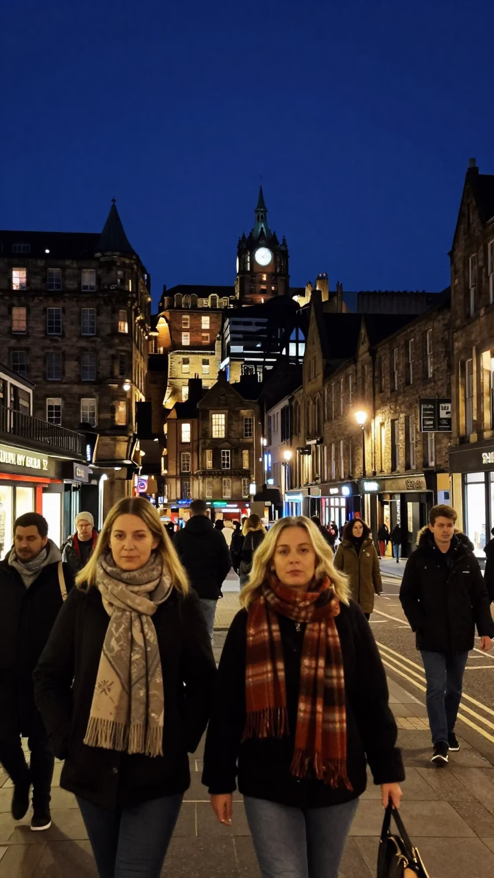 Busy Edinburgh Night Street Scene with Wool Scarves and Streetlights Under Deep Night Sky in in Edinburgh, United Kingdom