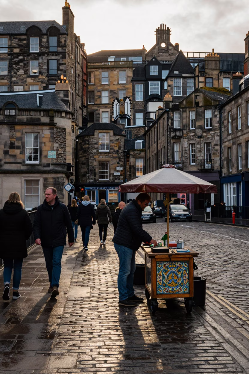 Busy Edinburgh Street Corner After Sunrise with Vintage Majolica Plate and Local Interaction in in Edinburgh, United Kingdom