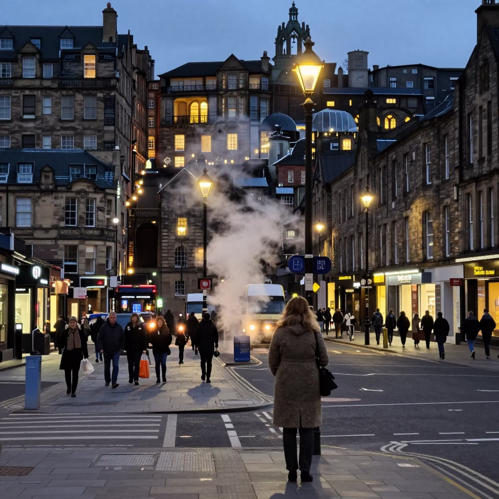 Busy Edinburgh Street Corner at Dusk with Steam and Urban Life in in Edinburgh, United Kingdom