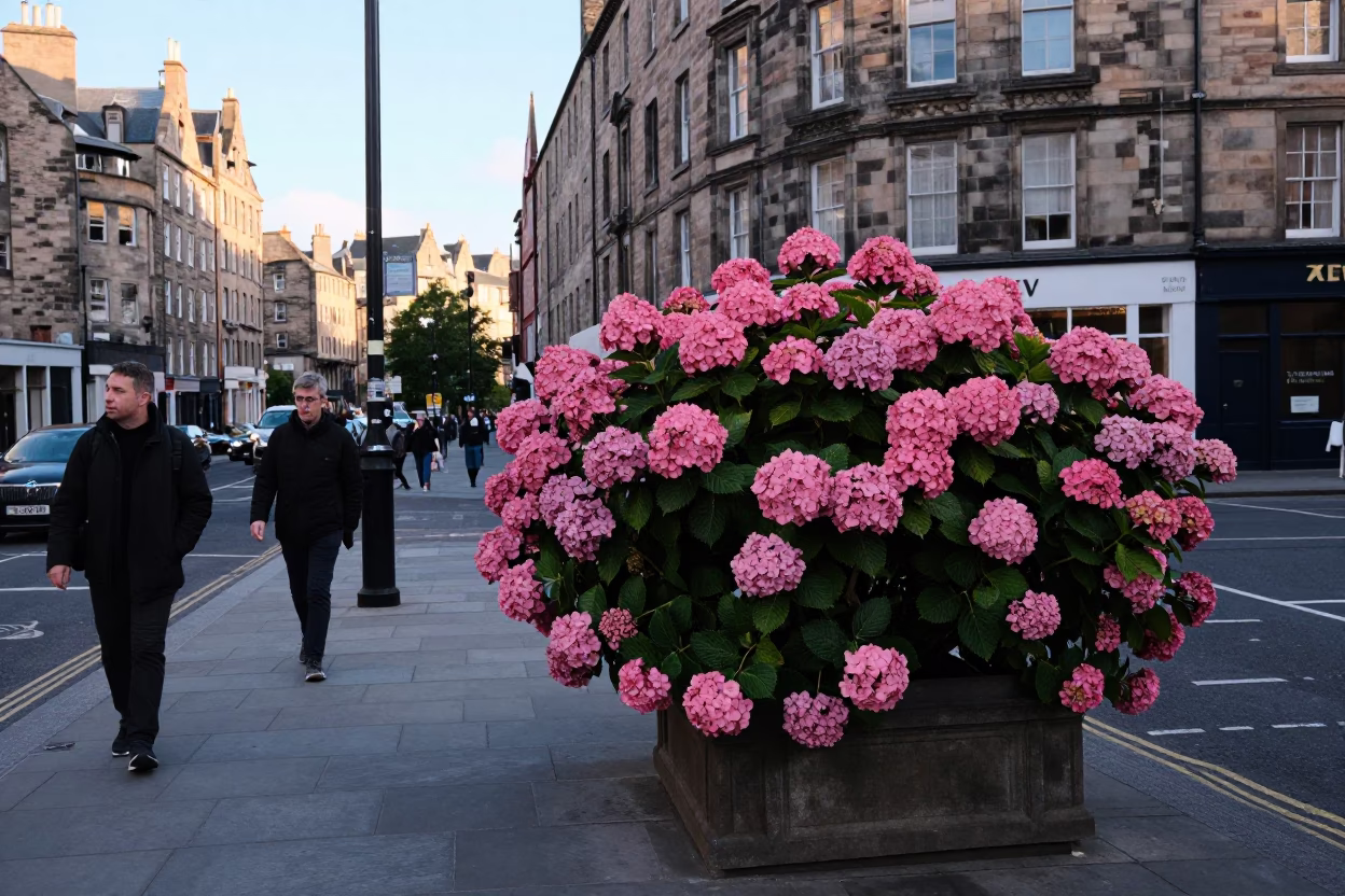 Busy Edinburgh Street Corner Early Afternoon with Hydrangea Bush and Casual Pedestrians in in Edinburgh, United Kingdom