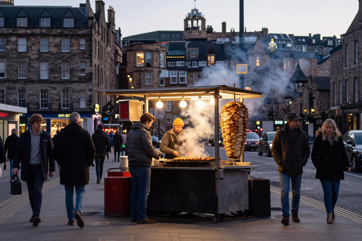 Busy Edinburgh Street Corner Evening Scene with Kebab Vendor and Pedestrians in in Edinburgh, United Kingdom