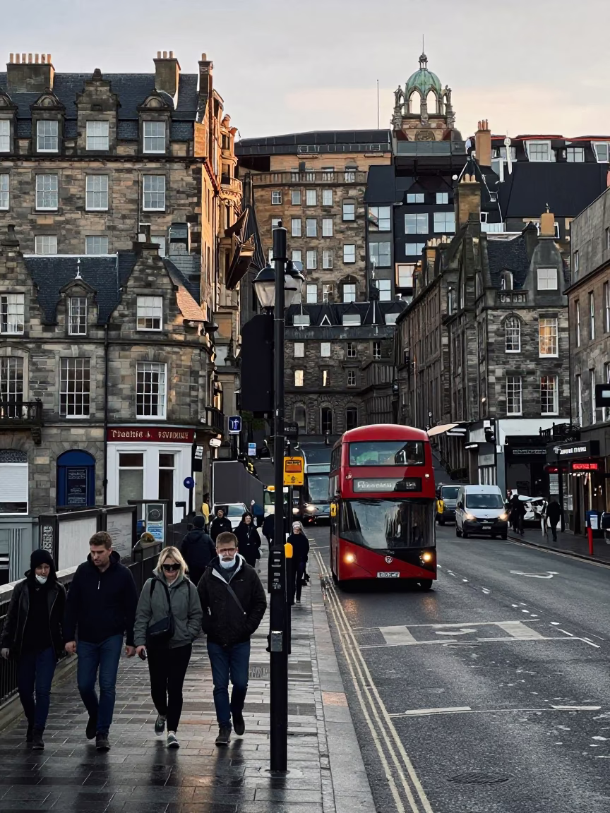 Busy Edinburgh Street Corner Just After Sunrise with Commuters and Classic Architecture in in Edinburgh, United Kingdom