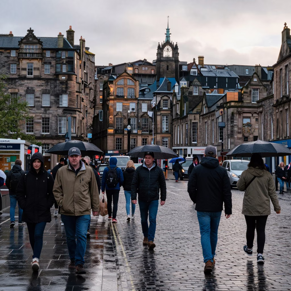 Busy Edinburgh Street Corner Late Morning with Tourists and Traditional Architecture in in Edinburgh, United Kingdom