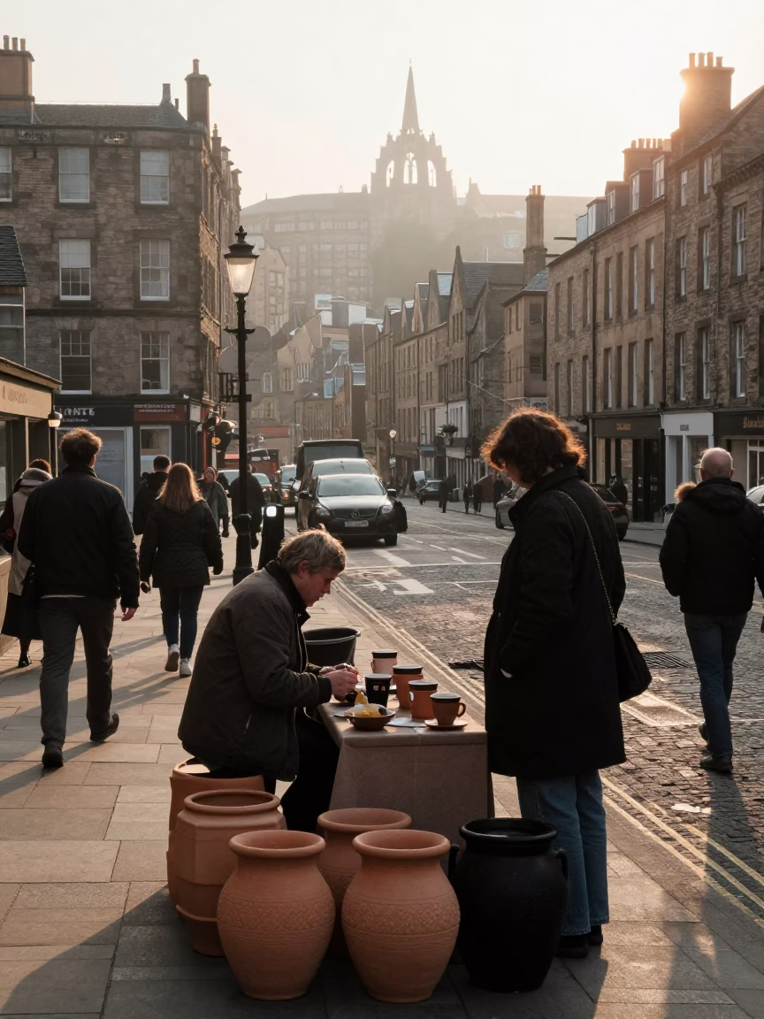 Busy Edinburgh Street Corner with Stoneware Crocks and Coffee Grinder After Sunrise in in Edinburgh, United Kingdom