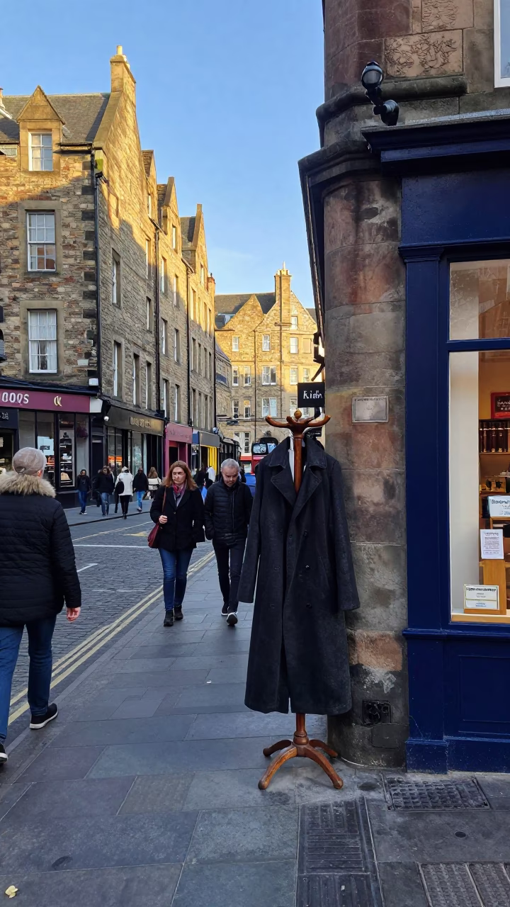 Busy Edinburgh Street Corner with Vintage Coat Stand and Baking Sheet in in Edinburgh, United Kingdom