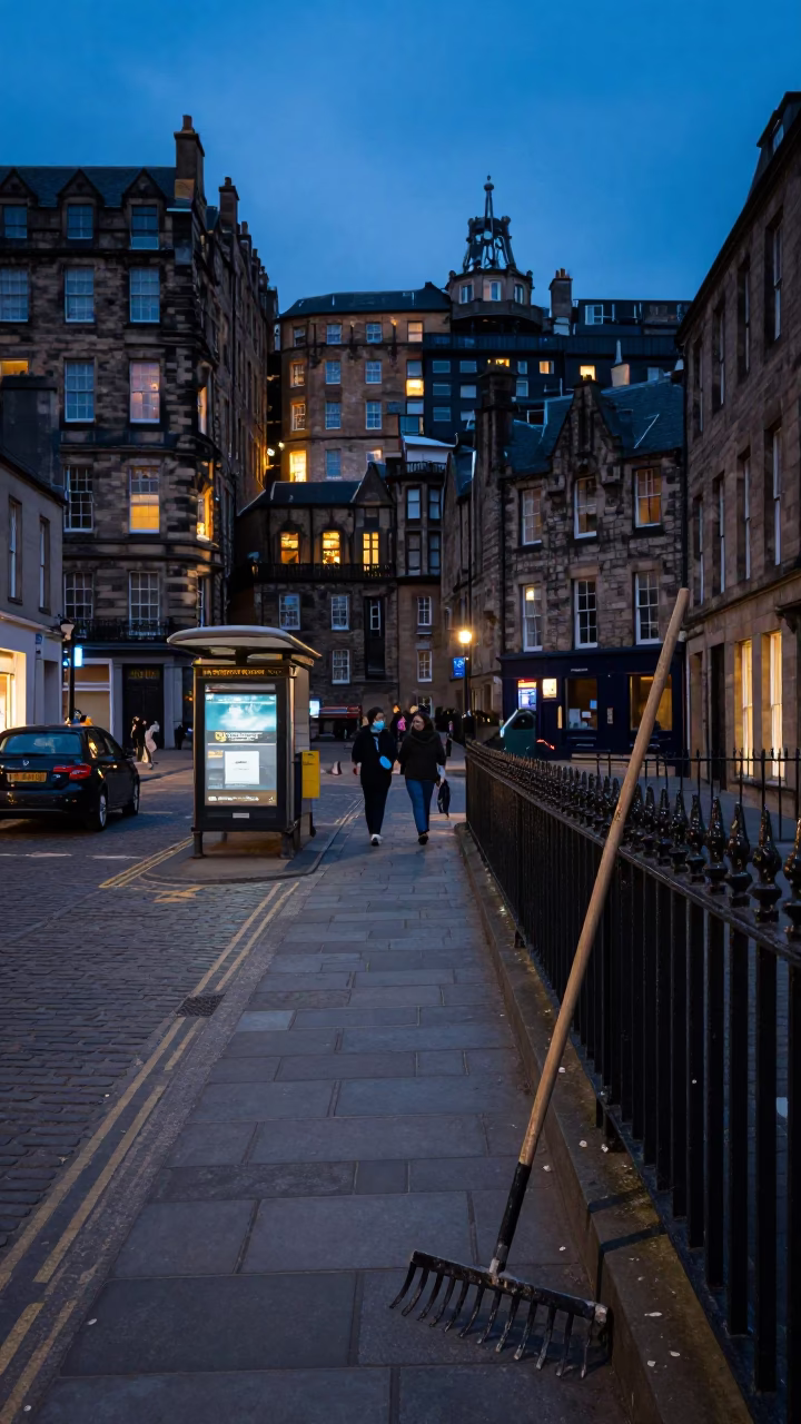 Busy Edinburgh Street Scene at Blue Hour with Garden Rake and Urban Details in in Edinburgh, United Kingdom