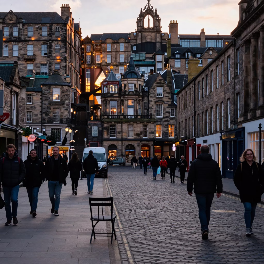 Busy Edinburgh Street Scene at Dusk with Chair and Apples Near Old Town in in Edinburgh, United Kingdom
