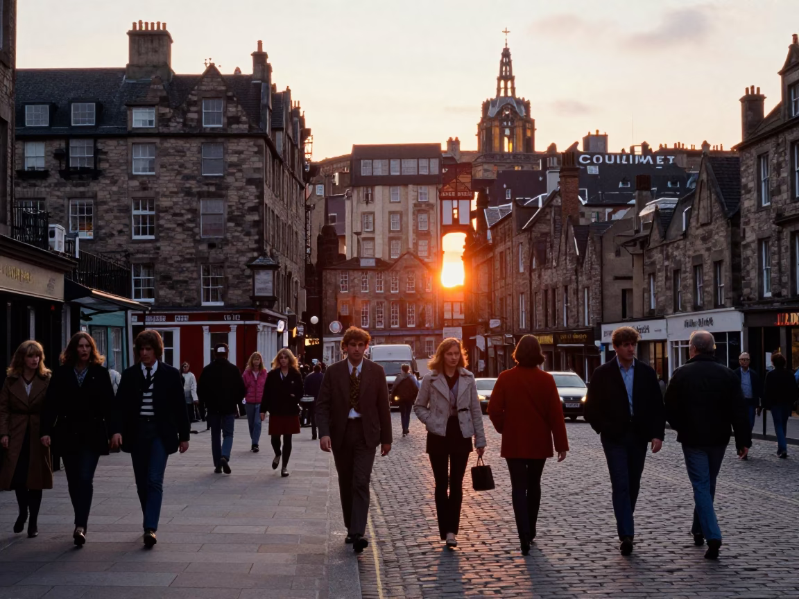 Busy Edinburgh Street Scene at Dusk with Local Pedestrians and Historic Architecture in in Edinburgh, United Kingdom