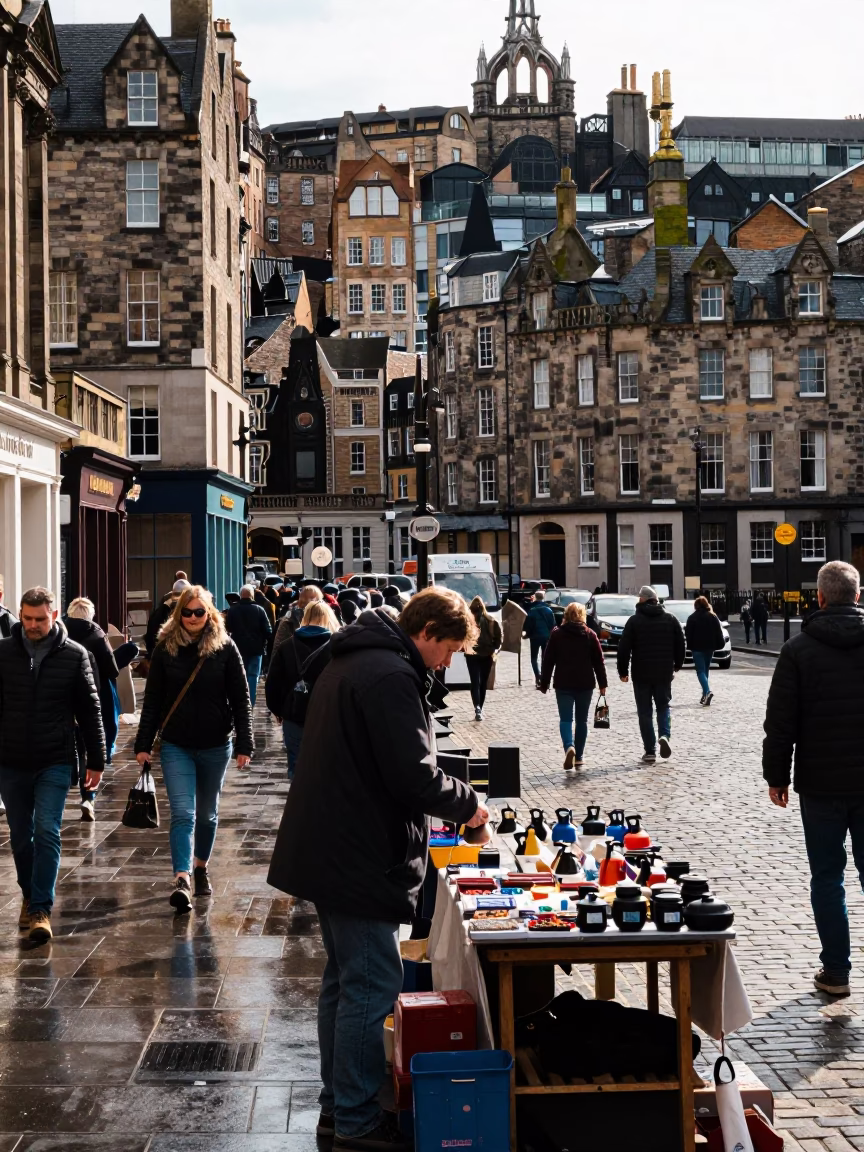 Busy Edinburgh Street Scene at Midday with Kettle and Recorder Props in in Edinburgh, United Kingdom