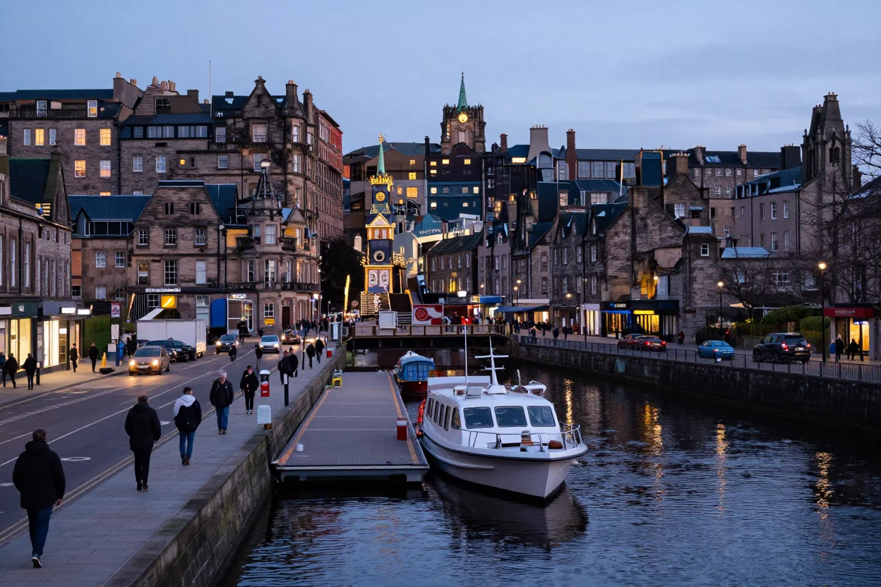 Busy Edinburgh Street Scene at Nautical Dawn with Water Taxi and Local Commuters in in Edinburgh, United Kingdom