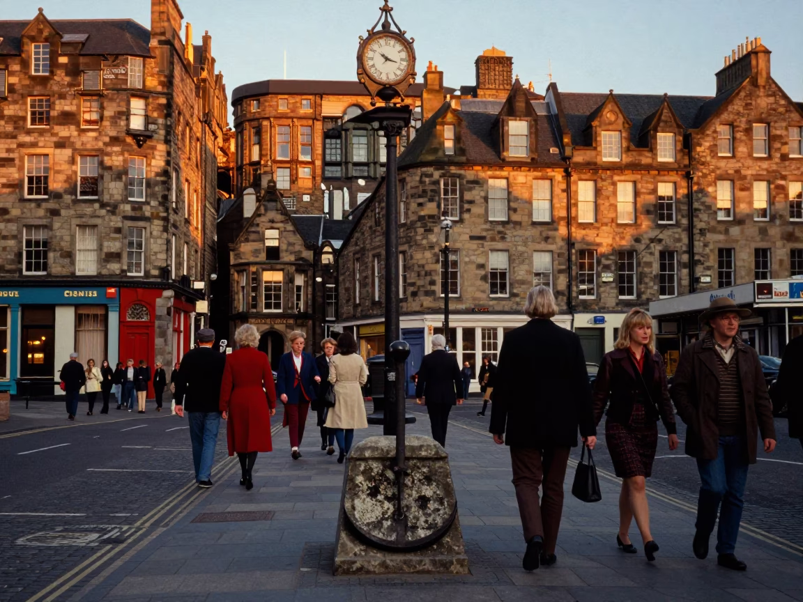 Busy Edinburgh Street Scene at Sunset with Boot Scraper and Traditional Architecture in in Edinburgh, United Kingdom