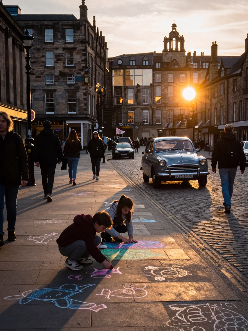 Busy Edinburgh Street Scene at Sunset with Chalk Drawings and Vintage Cars in in Edinburgh, United Kingdom