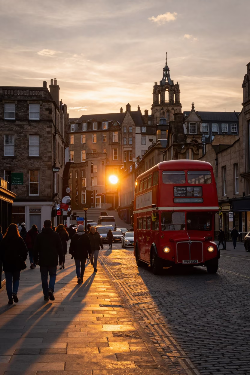 Busy Edinburgh Street Scene at Sunset with Classic Red Bus and Historic Sandstone Buildings in in Edinburgh, United Kingdom