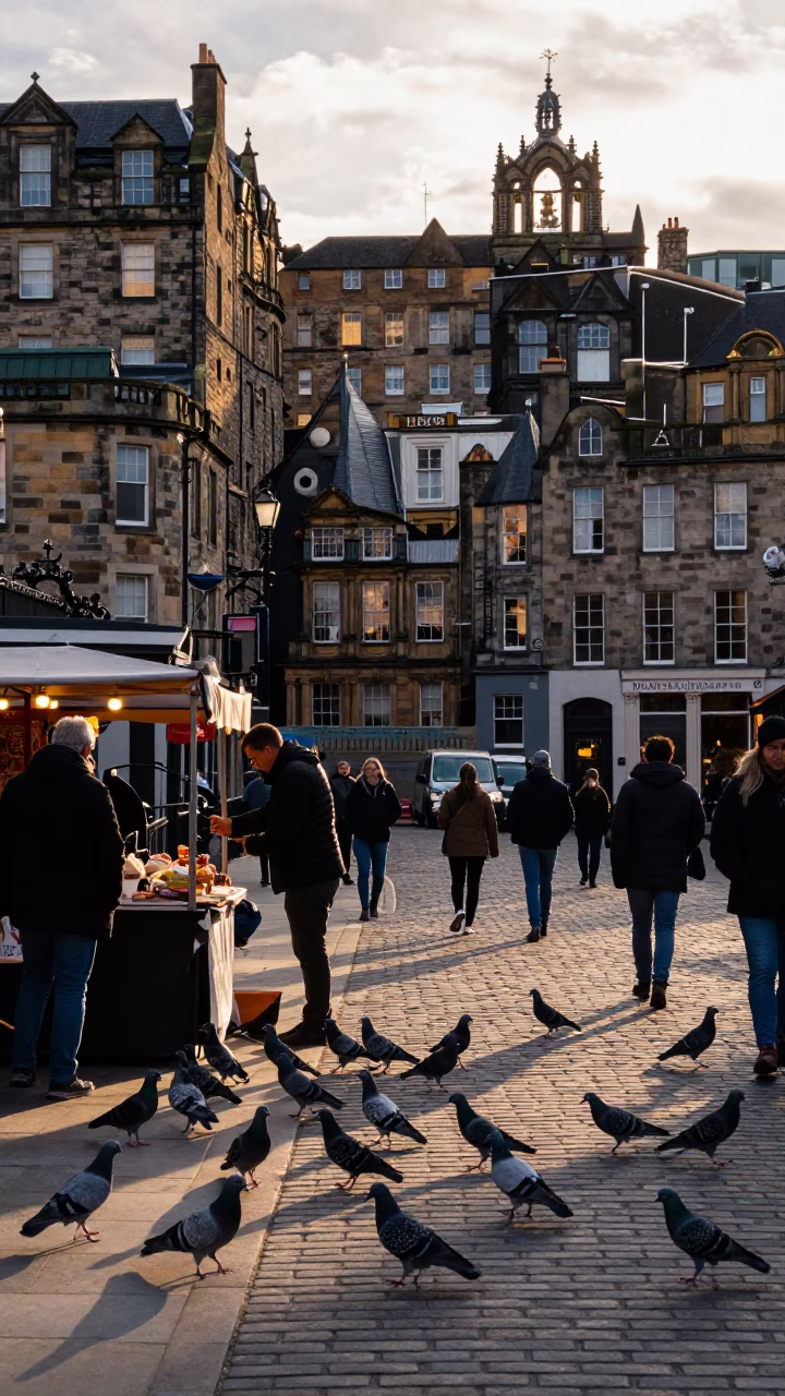 Busy Edinburgh Street Scene at Sunset with Pigeons and Local Atmosphere in in Edinburgh, United Kingdom