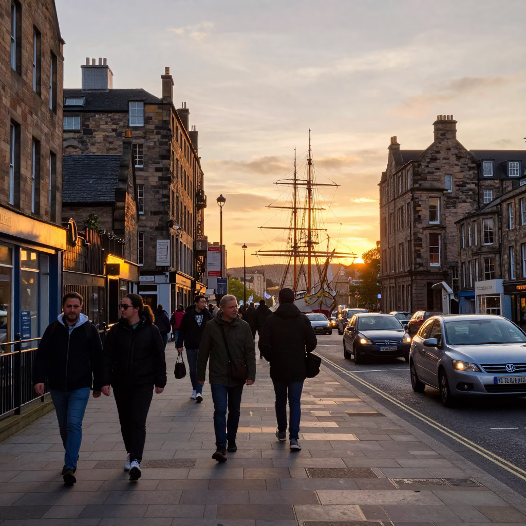 Busy Edinburgh Street Scene at Sunset with Tall Ship and Casual Passersby in in Edinburgh, United Kingdom