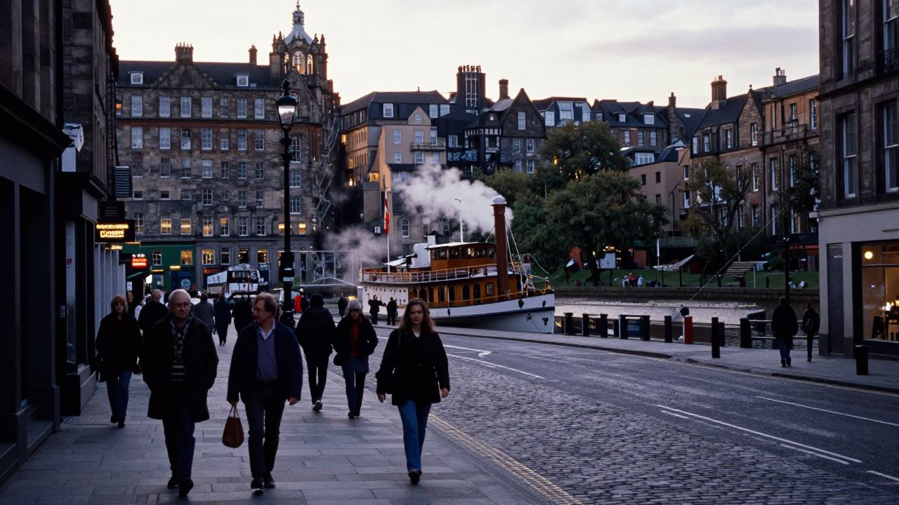 Busy Edinburgh Street Scene Before Sunrise with Steamboat and Steel Countertop in in Edinburgh, United Kingdom